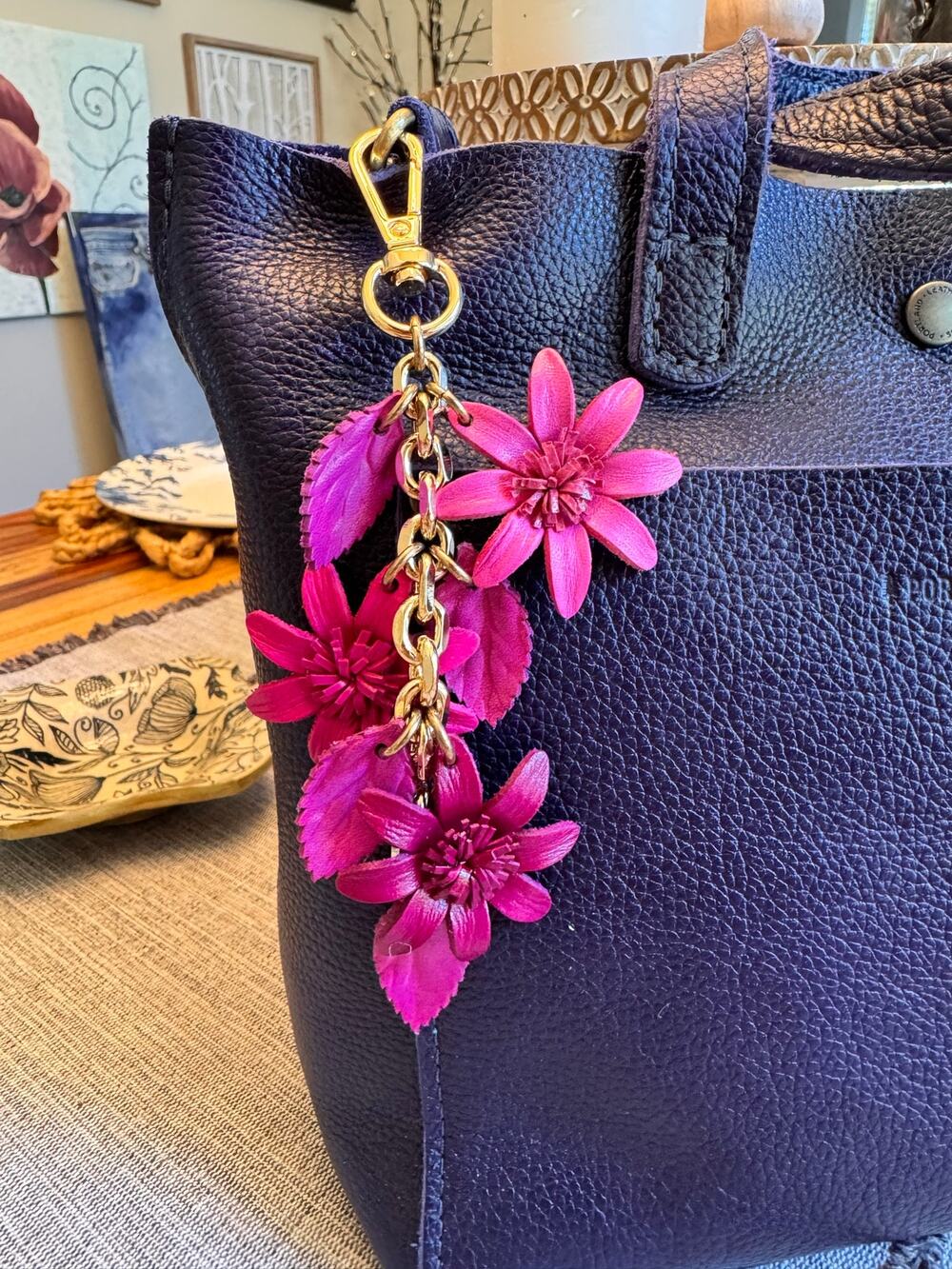 Pink Flower Bag Charm Genuine Leather Purse Charm Flower Charms NEW!